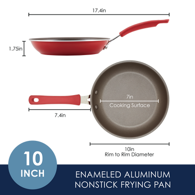 Red enameled aluminum nonstick frying pan, 10-inch size, with red handle.