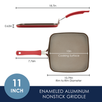 Enameled aluminum nonstick griddle with red handle, 11-inch size.