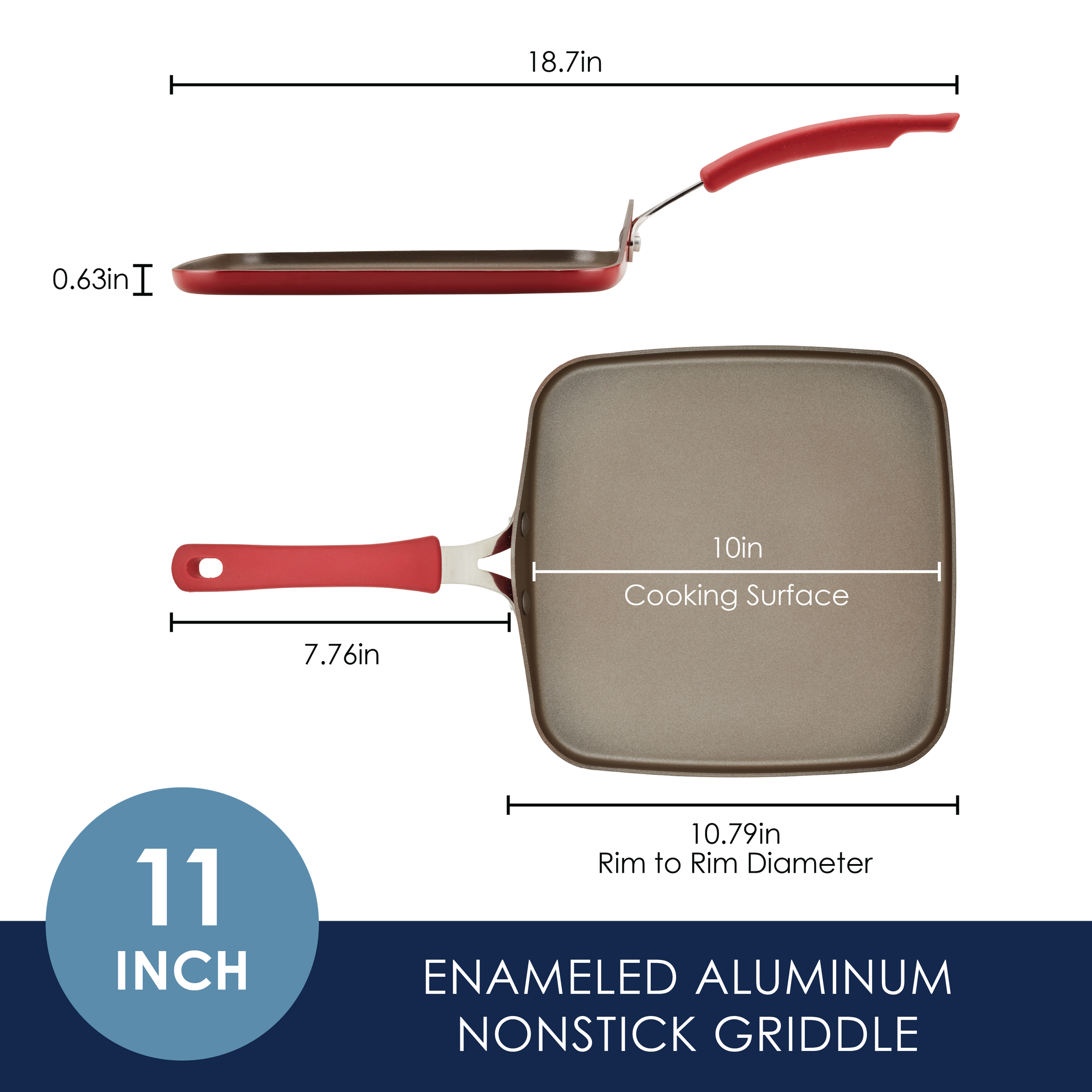 Enameled aluminum nonstick griddle with red handle, 11-inch size.