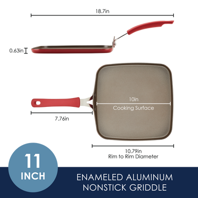 Enameled aluminum nonstick griddle with red handle, 11-inch size.