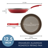 Red nonstick frying pan, 12.5 inches, with a 9-inch cooking surface.