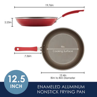 Red nonstick frying pan, 12.5 inches, with a 9-inch cooking surface.