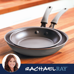 Two nonstick frying pans on a wooden countertop, Rachael Ray branding shown.