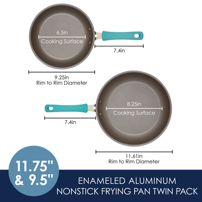 Two nonstick frying pans, 6.5" and 8.25" surfaces, with blue handles.