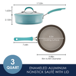 Blue enameled aluminum nonstick sauté pan with lid, 3-quart size.
