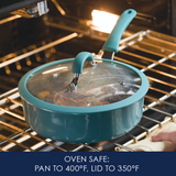 Blue pan with glass lid in oven; oven-safe to specified temperatures.