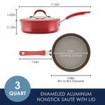 Red enameled aluminum nonstick sauté pan with lid, 3-quart size.