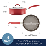 Red enameled aluminum nonstick sauté pan with lid, 3-quart size.