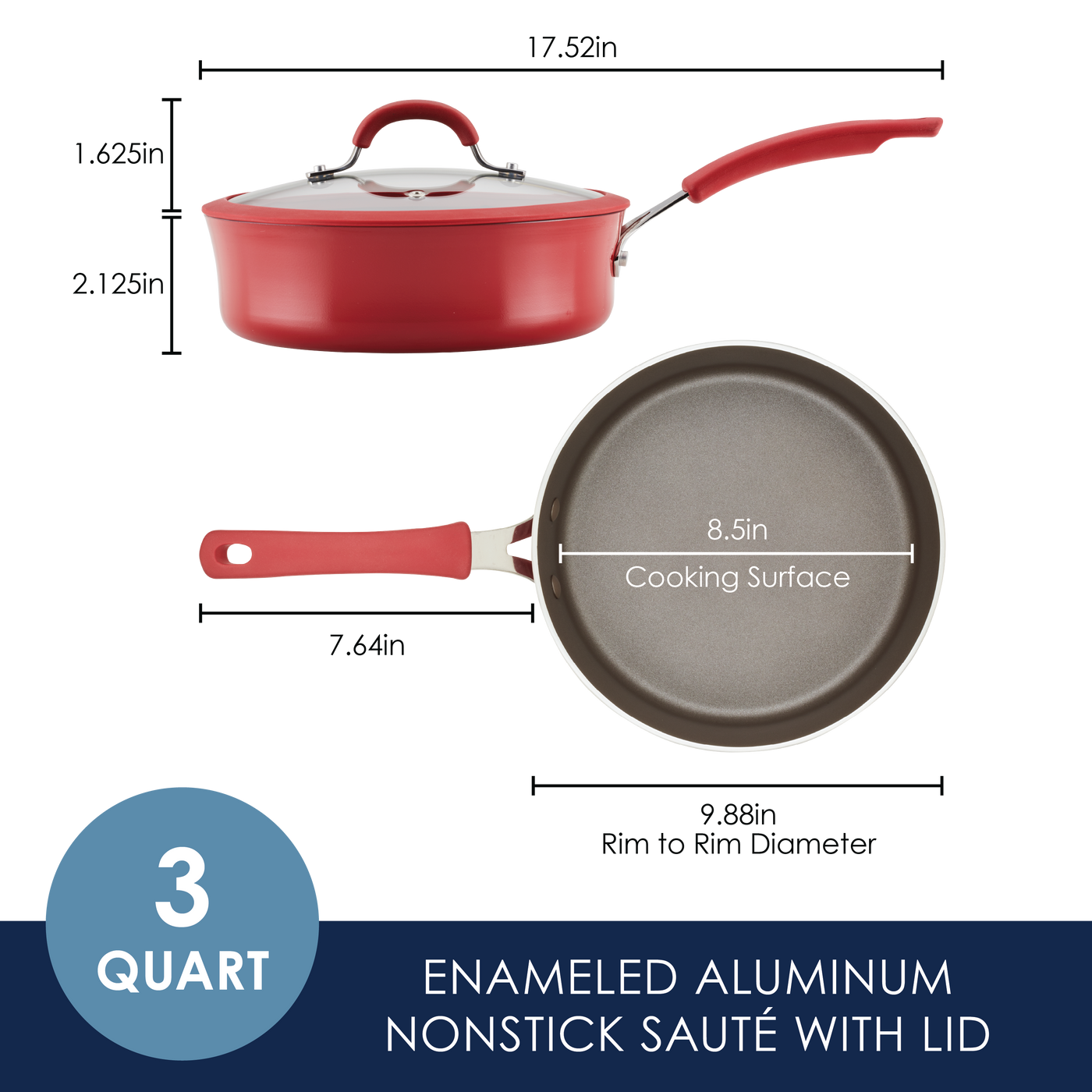 Red enameled aluminum nonstick sauté pan with lid, 3-quart size.