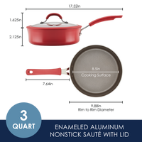 Red enameled aluminum nonstick sauté pan with lid, 3-quart size.