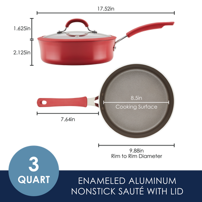 Red enameled aluminum nonstick sauté pan with lid, 3-quart size.