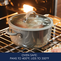 5-Quart Cook + Create Nonstick Dutch Oven with Lid in gray, placed in the oven. Text reads: "Oven safe: Pans up to 400°F, lids up to 350°F." Ideal for stove-to-oven recipes.