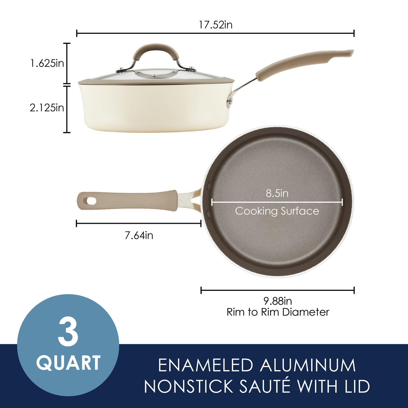 3-quart enamel aluminum nonstick sauté pan with lid, 8.5-inch surface.