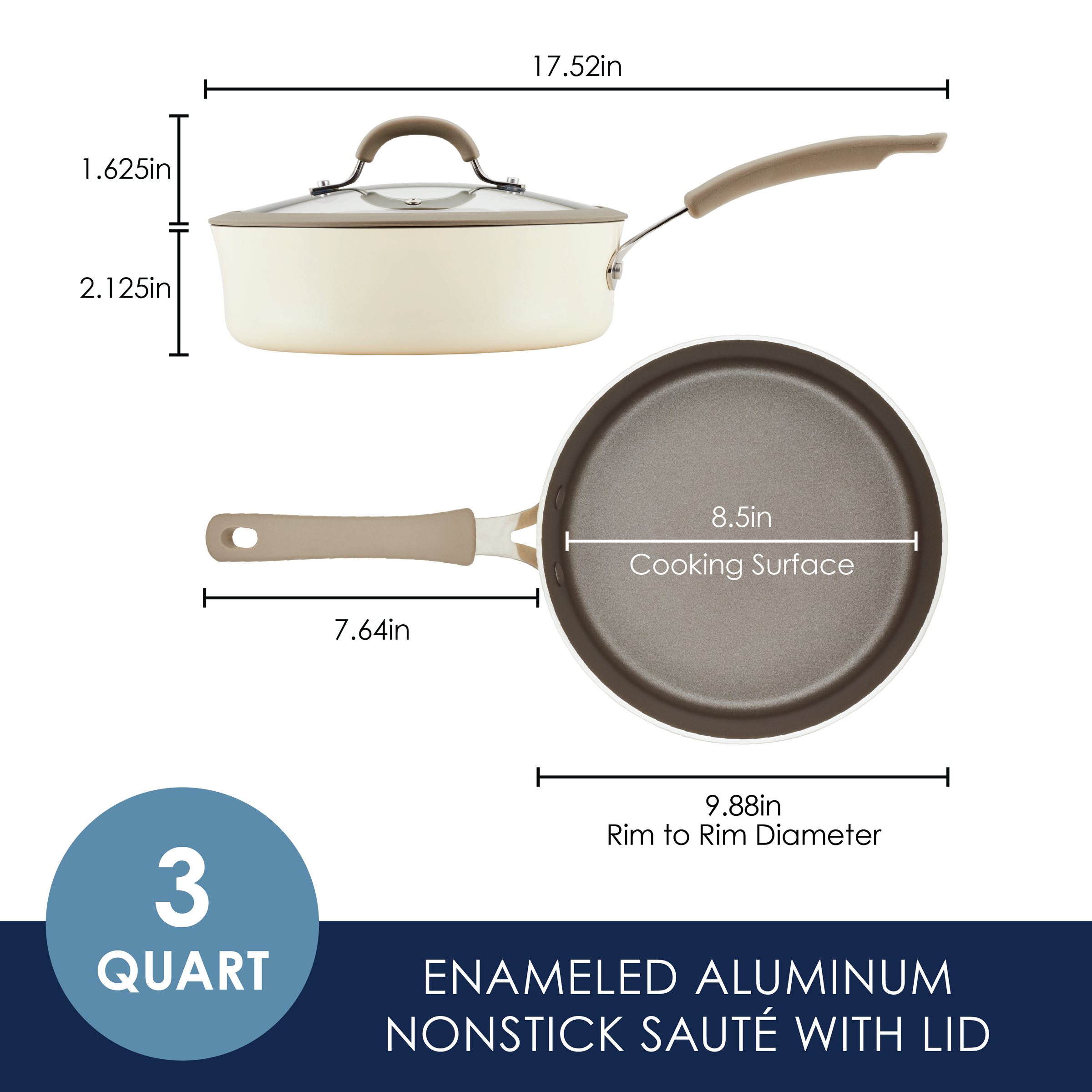 3-quart enamel aluminum nonstick sauté pan with lid, 8.5-inch surface.