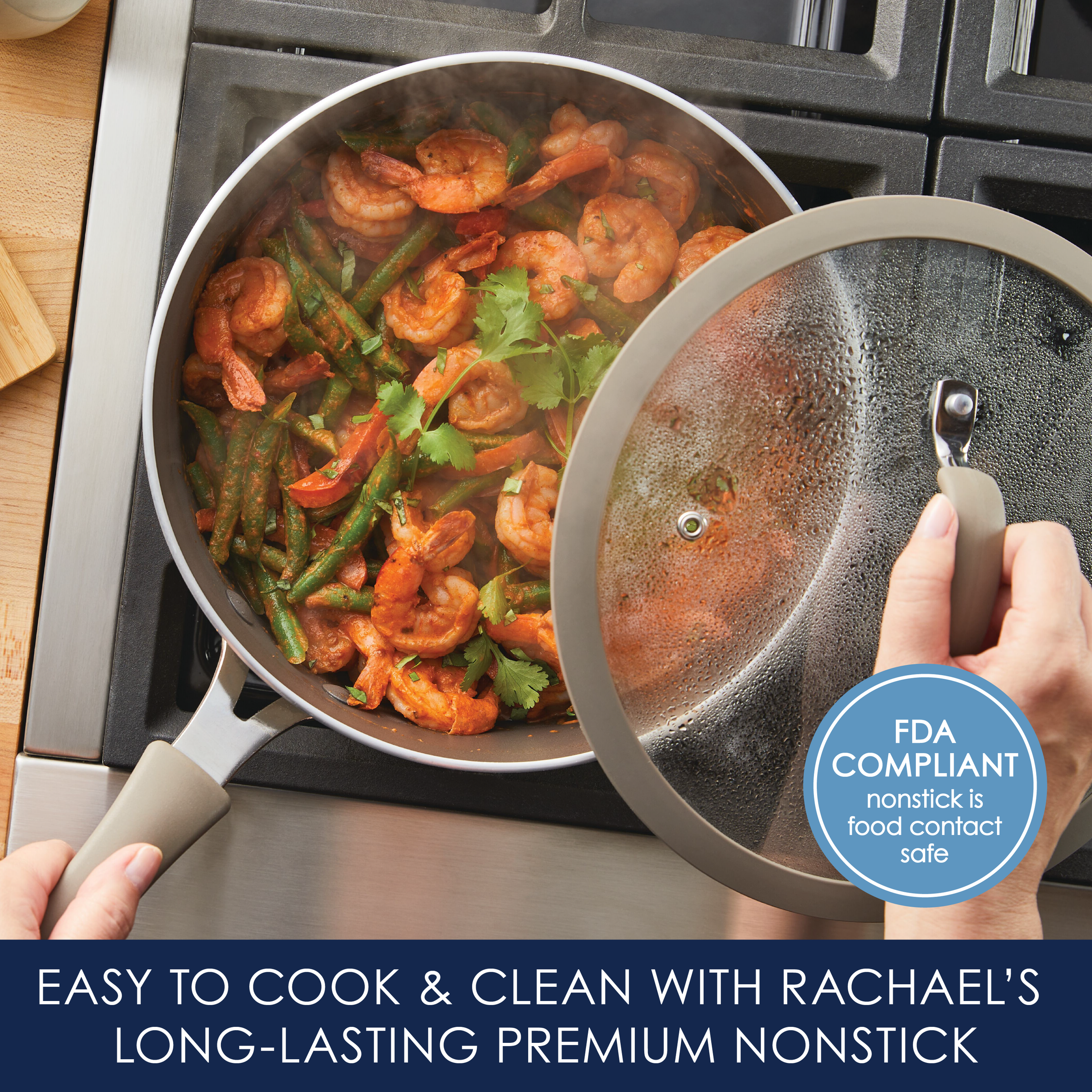 Person placing a lid on shrimp and vegetable stir-fry in a nonstick pan.
