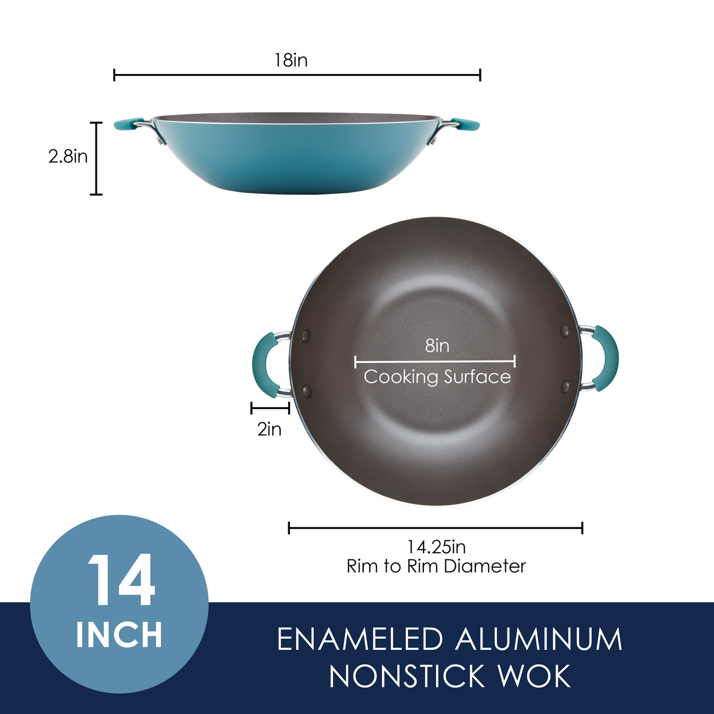 14-inch enameled aluminum nonstick wok with an 8-inch cooking surface.