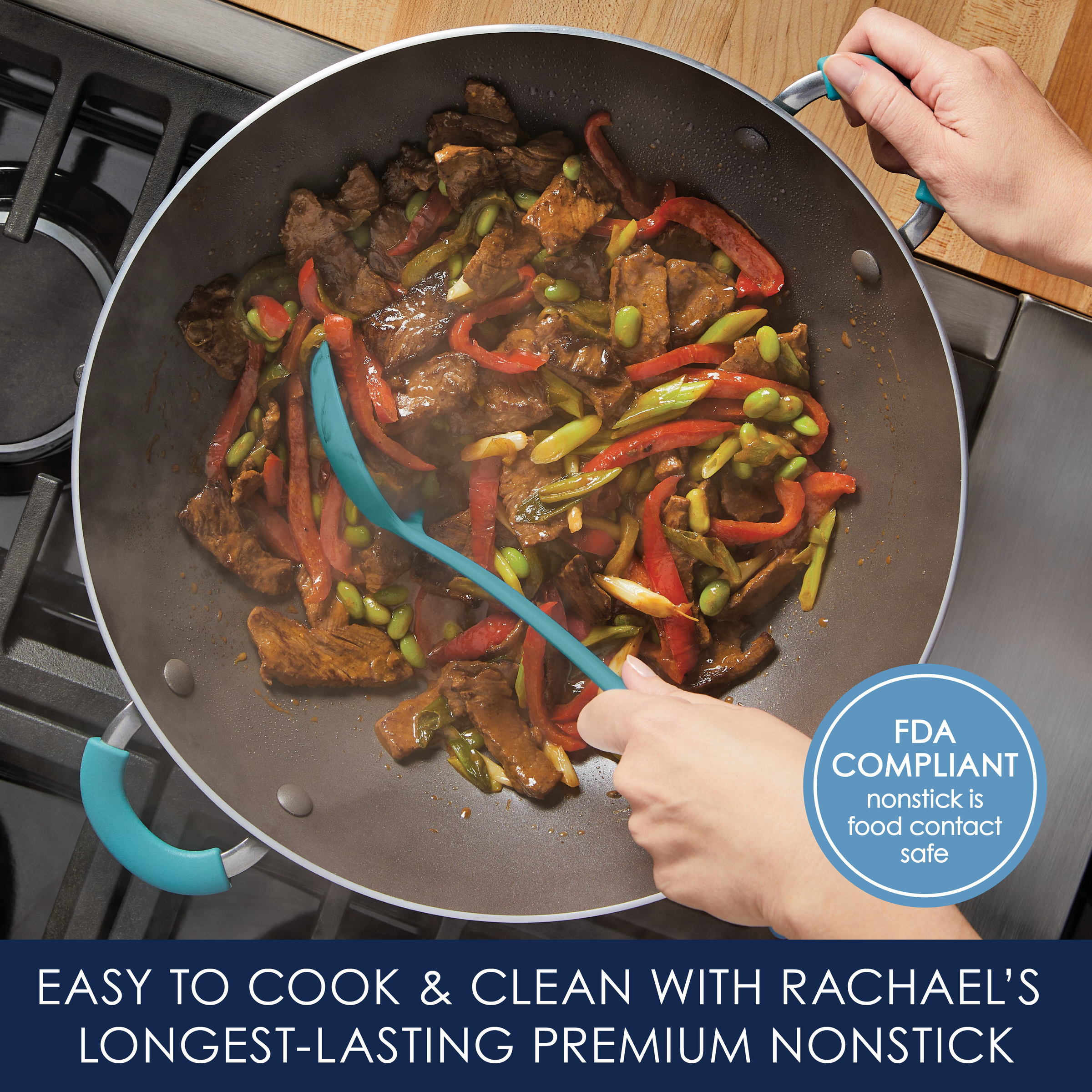 Stir-frying vegetables and meat in a nonstick pan on a stovetop.