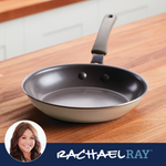 Nonstick frying pan on a wooden counter with Rachael Ray branding.