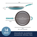 Top and side view of a 14-inch enameled aluminum nonstick frying pan.