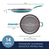 Top and side view of a 14-inch enameled aluminum nonstick frying pan.