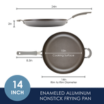 14-inch enameled aluminum nonstick frying pan, top and side view.