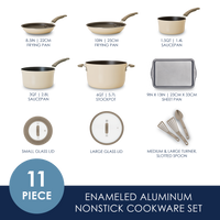 Cookware set with pots, pans, lids, and utensils displayed against blue background.