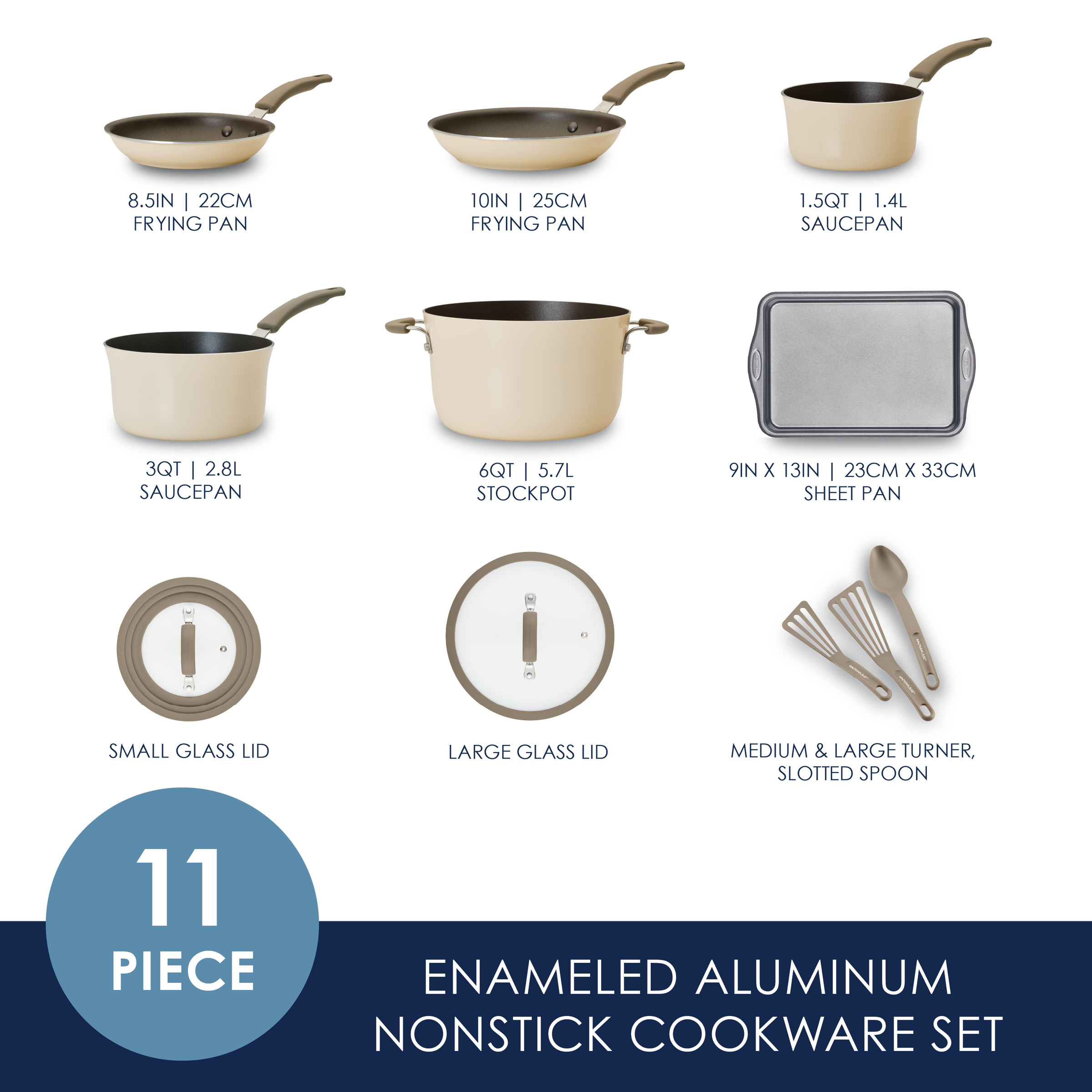 Cookware set with pots, pans, lids, and utensils displayed against blue background.