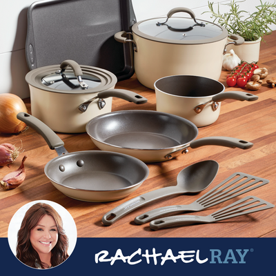 Cookware set on a wooden surface with a photo of a smiling woman.