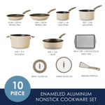 10-piece enameled aluminum nonstick cookware set with lids and spatula.