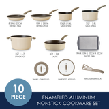 10-piece enameled aluminum nonstick cookware set with lids and spatula.