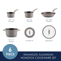 Cookware set: saucepans, frying pan, stockpot, and lids, six-piece set.