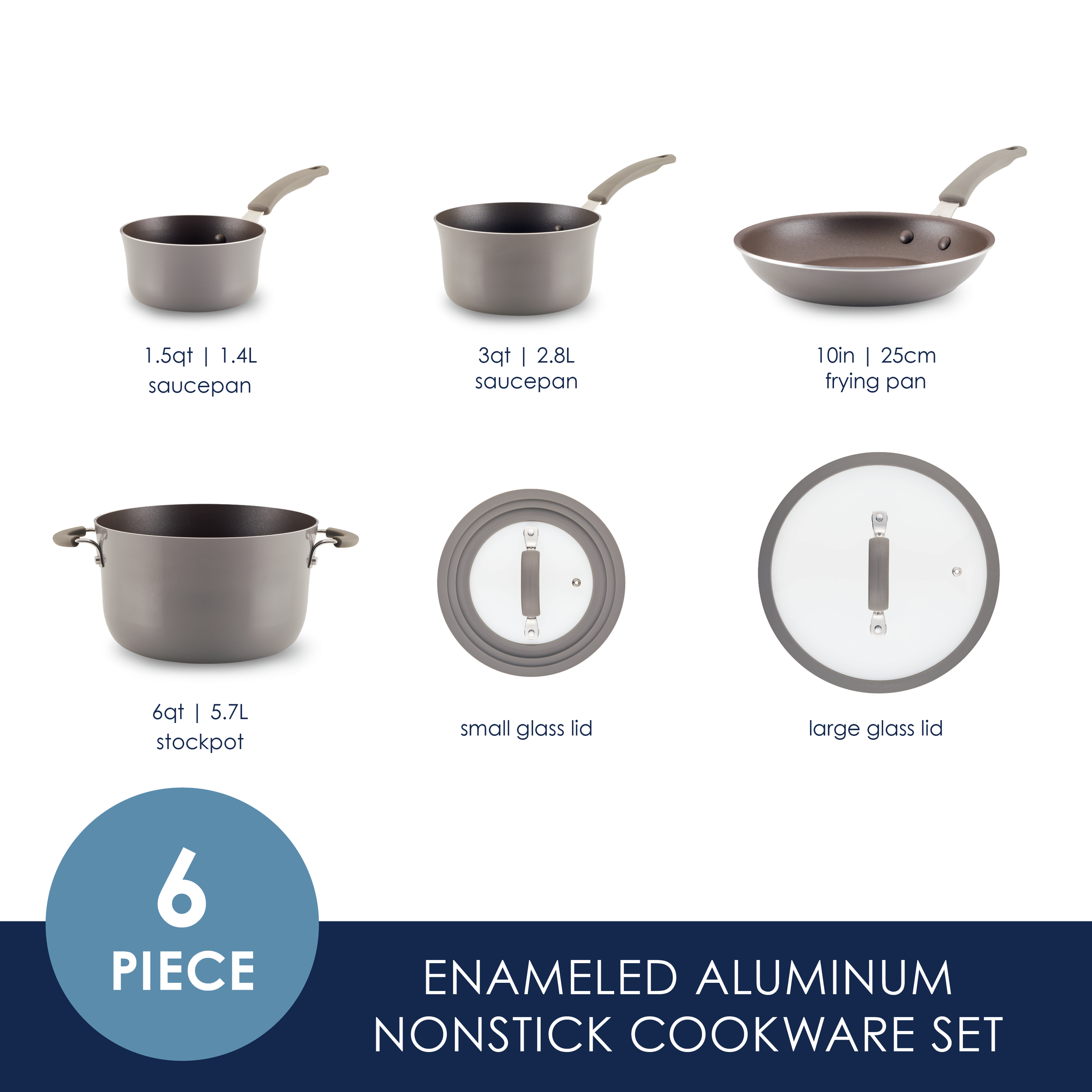 Cookware set: saucepans, frying pan, stockpot, and lids, six-piece set.