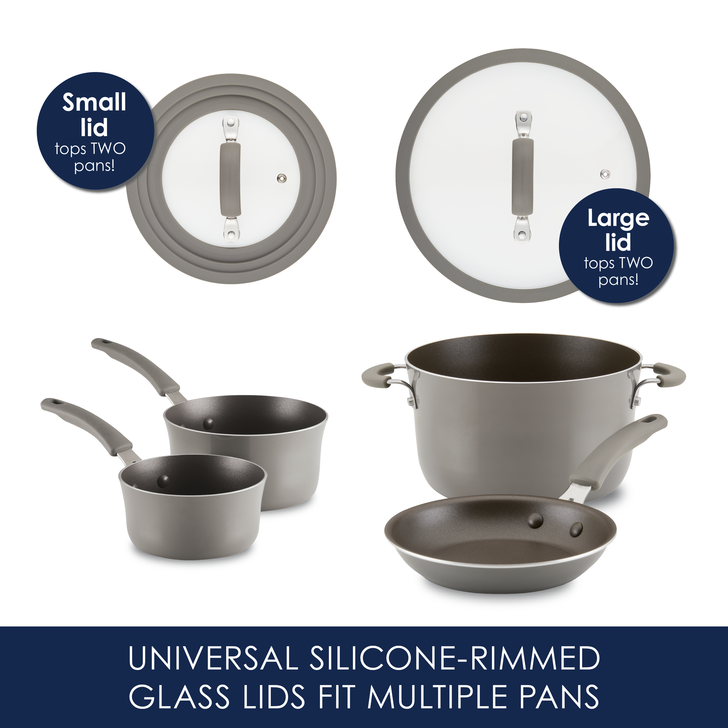 Cookware set with silicone-rimmed glass lids and multiple pans.