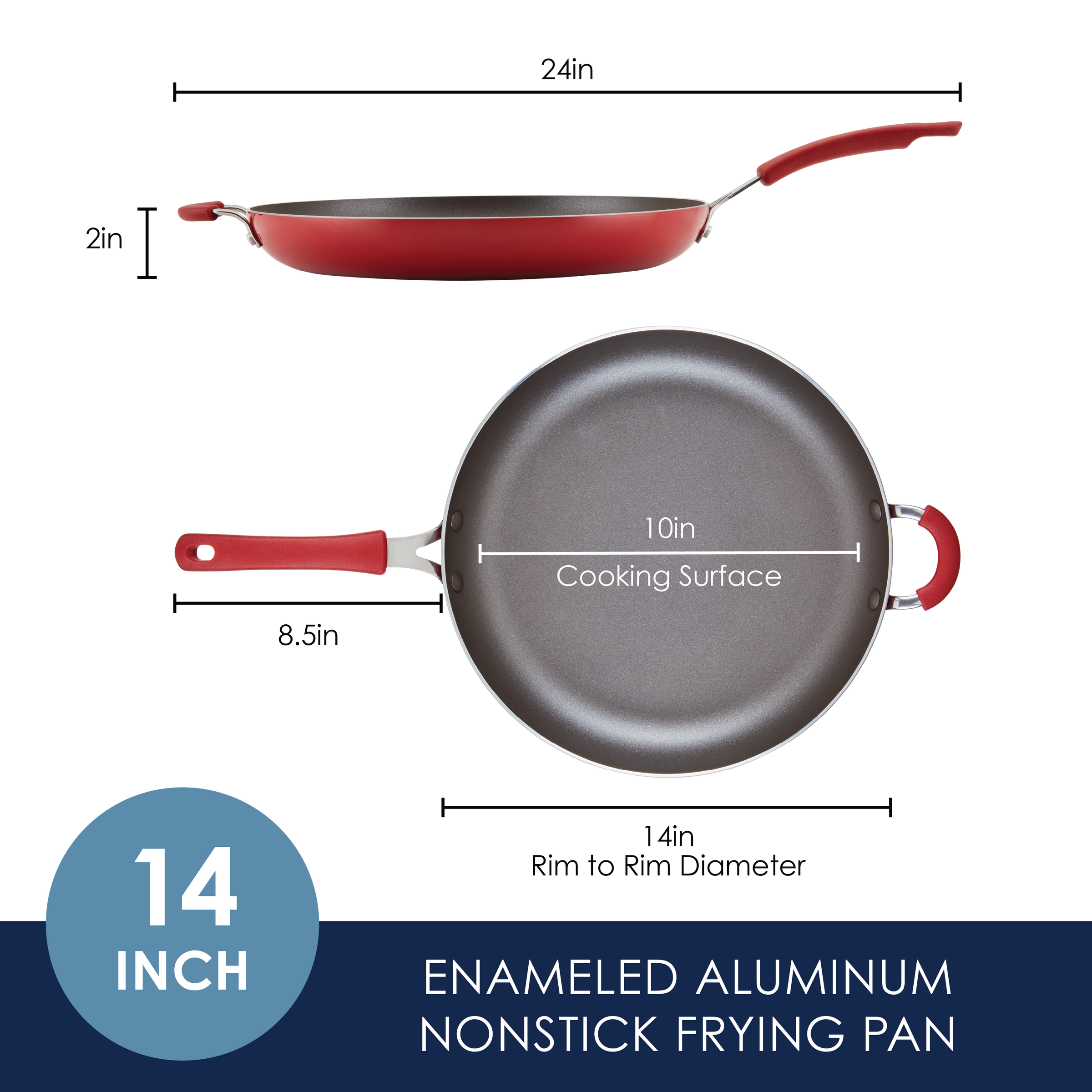 Enameled aluminum 14-inch nonstick frying pan with a 10-inch cooking surface.