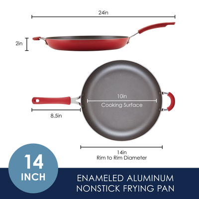 Enameled aluminum 14-inch nonstick frying pan with a 10-inch cooking surface.