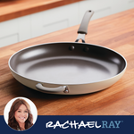 Non-stick frying pan on a wooden countertop with brand logo and person inset.