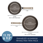 Two frying pans with measurements, labeled 11.75" & 9.5" diameter.