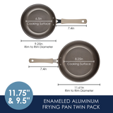 Two frying pans with measurements, labeled 11.75" & 9.5" diameter.