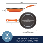 Orange enameled, nonstick 10-inch frying pan with 7-inch cooking surface.