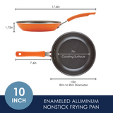 Orange enameled, nonstick 10-inch frying pan with 7-inch cooking surface.
