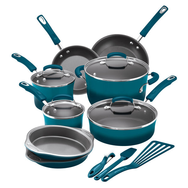 The 15-Piece Classic Brights Nonstick Cookware Set in teal includes porcelain enamel pans, pots, and utensils designed to enhance your cooking experience with Rachael Ray's signature style.