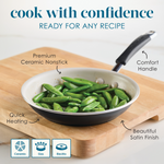 Frying pan with snap peas on a wooden board, highlighting its features.