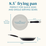 Diagram of an 8.5" frying pan with measurements and descriptions.