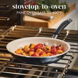 Colorful tomatoes in a skillet, placed inside an oven set to 400°F.