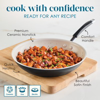 Nonstick ceramic pan with sautéed vegetables and descriptive text.