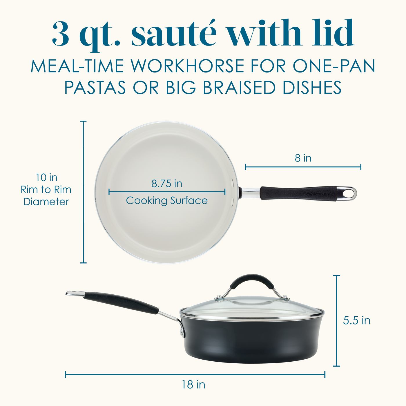Diagram of a 3 qt. sauté pan with lid and measurements.