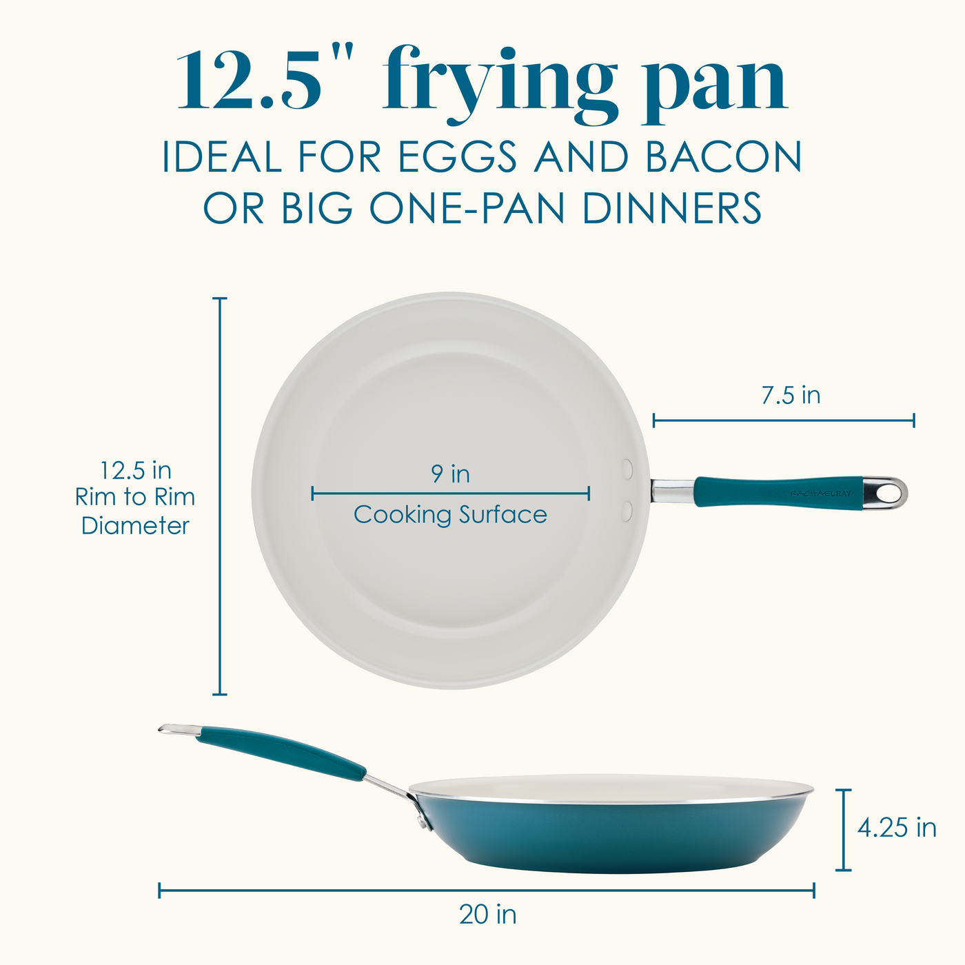 Diagram of a 12.5" frying pan showing dimensions and use suggestions.