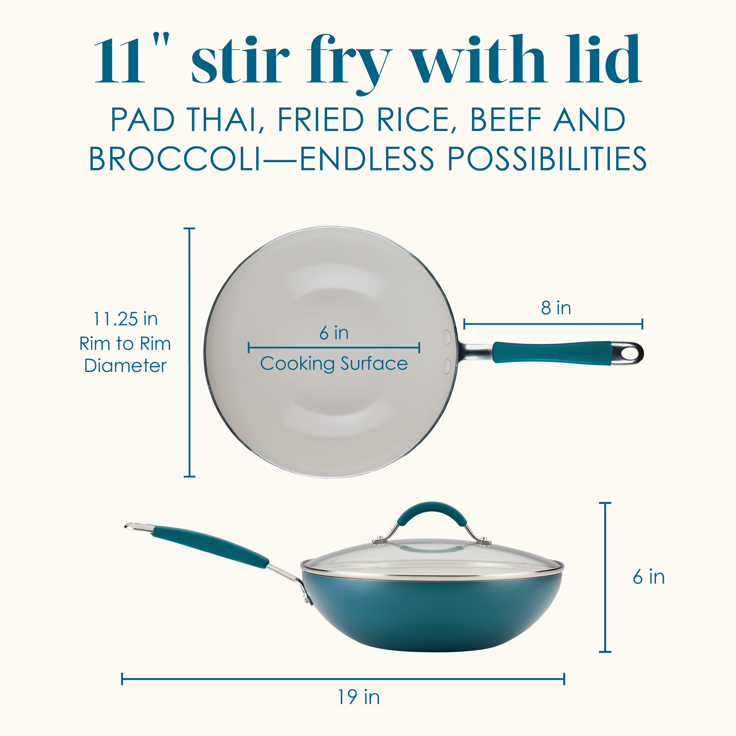 Diagram of a blue 11" stir fry pan with measurements and a lid.
