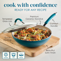 Cookware with stir-fried vegetables and labeled features on a wooden board.