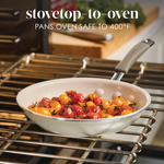 Pan with cherry tomatoes in oven, text about stovetop-to-oven use.